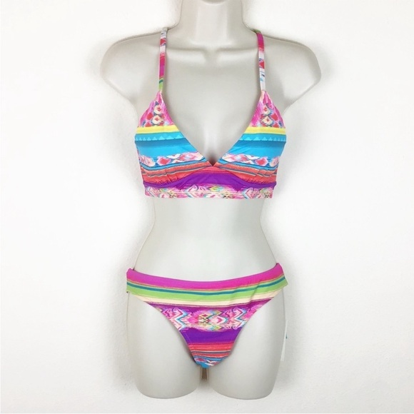 Johnny Was Striped Bathing Suit Back Tie Top & Hipster Bottoms Swim Set sz L & M - Picture 3 of 8